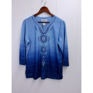Alfred Dunner Blue Ombre Embellished Floral Long Sleeve V-Neck Top Small / #1067